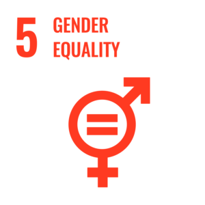 Icon for SDG 5: Gender Equality, featuring the male and female symbols combined with an equal sign, in red.