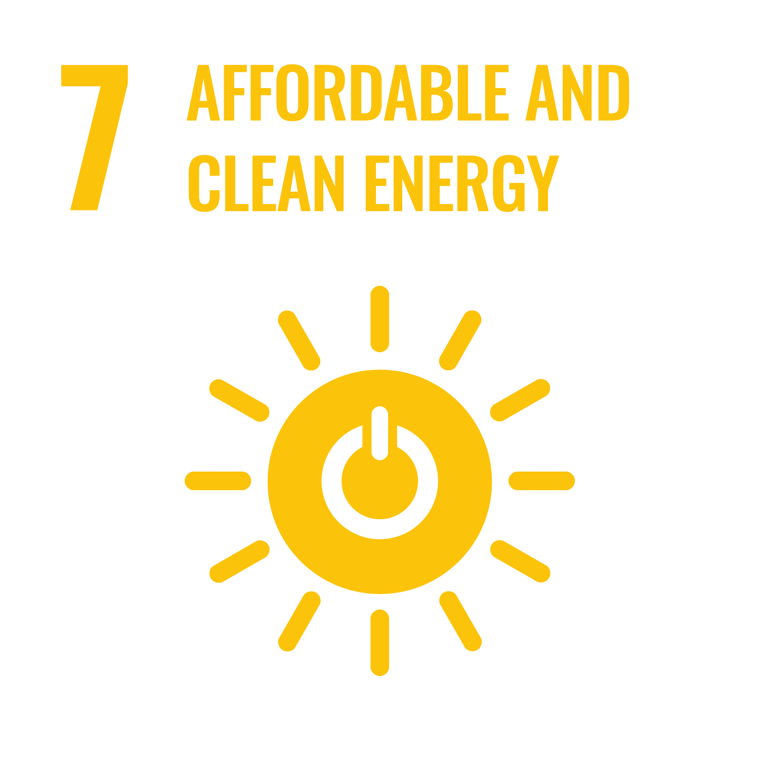 Icon for Sustainable Development Goal 7: Affordable and Clean Energy, showing a yellow sun with a power button symbol in the center.