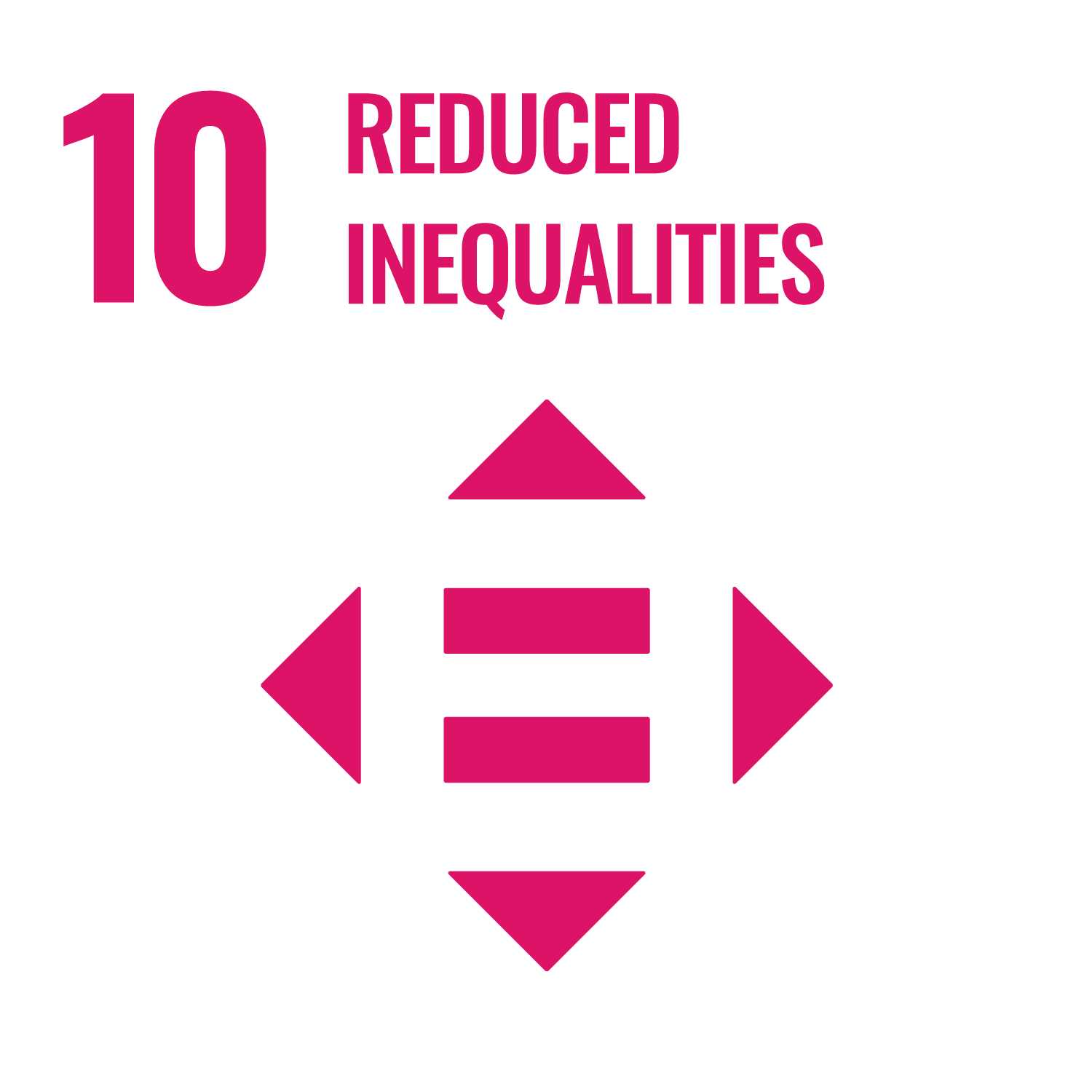 Icon representing Sustainable Development Goal 10: Reduced Inequalities. It shows a pink equal sign with arrows pointing in all four directions, on a white background.