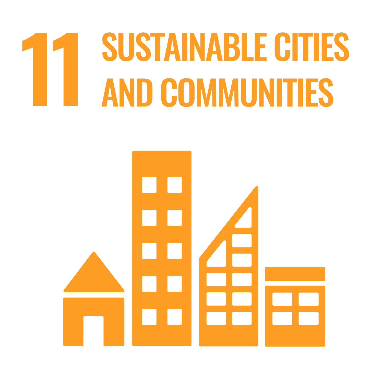 Icon for Sustainable Development Goal 11: Sustainable Cities and Communities. It features orange buildings and text on a white background.