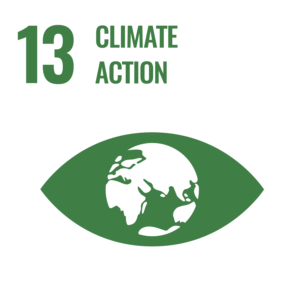 Icon for UN Sustainable Development Goal 13: Climate Action. Features number 13, text "Climate Action," and a green eye shape with a globe inside.