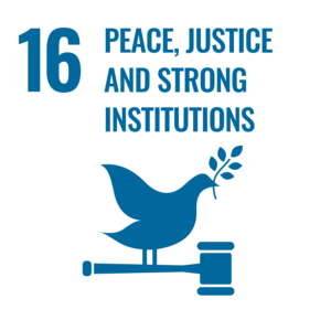Icon of a dove holding an olive branch standing on a gavel, with the text "16 Peace, Justice and Strong Institutions.