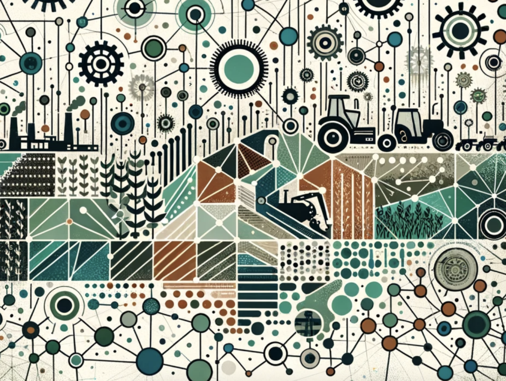 An abstract illustration featuring geometric shapes, tractors, and agricultural motifs intertwined with connections of dots and lines, reflecting the essence of agritech and sustainable farming advancements.
