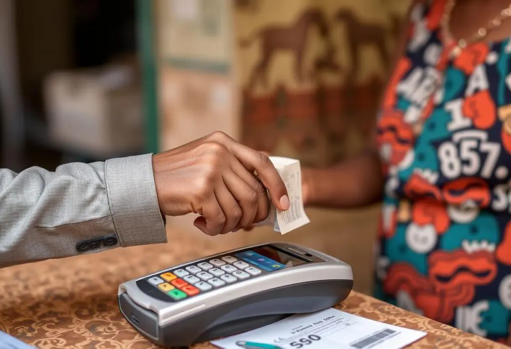 A person hands a receipt to another individual beside a card reader on the counter, readying for an emergency cash exchange.