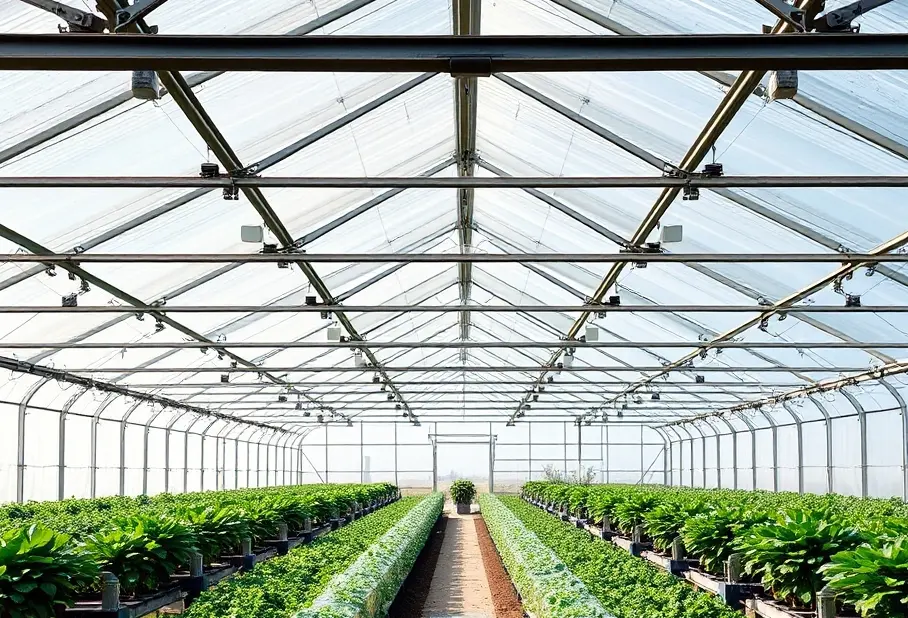 Interior of a greenhouse with rows of green plants under a transparent ceiling, allowing natural light to illuminate the space.