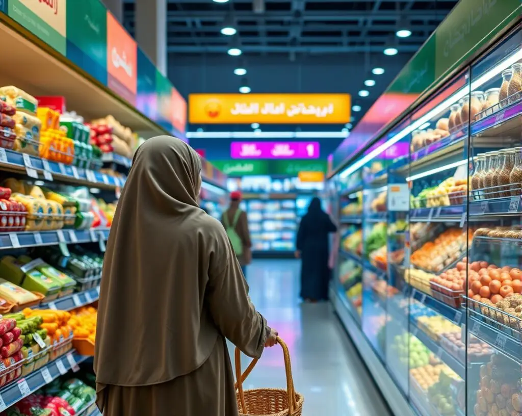 Person in a brown garment shopping with a basket in a grocery store aisle, surrounded by shelves of fruits and packaged goods.