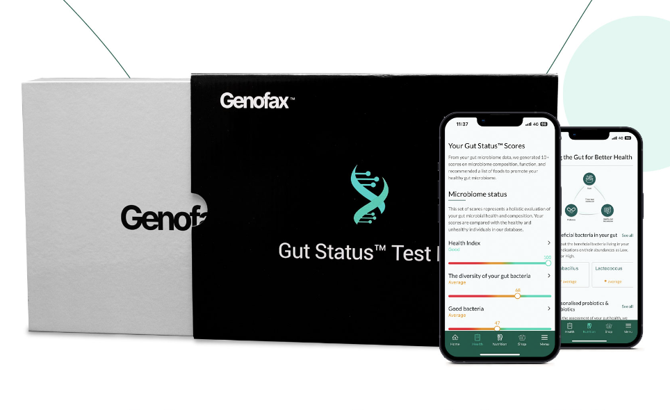 A Gut Status Test kit from Genofax is displayed beside two smartphones showing gut health results and microbiome status.