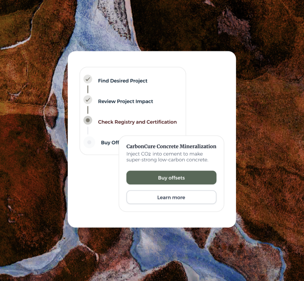 A digital interface on a brown and blue abstract background. Options include finding projects, supporting climate action, reviewing impacts, checking certifications, and buying carbon offsets for concrete mineralization to help achieve net zero goals.