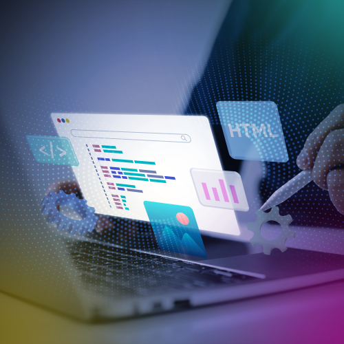 A person engages with digital coding elements and graphs projected above a laptop, illustrating programming and data visualization, a typical scene in modern tech roles within the burgeoning Egyptian Edtech sector.