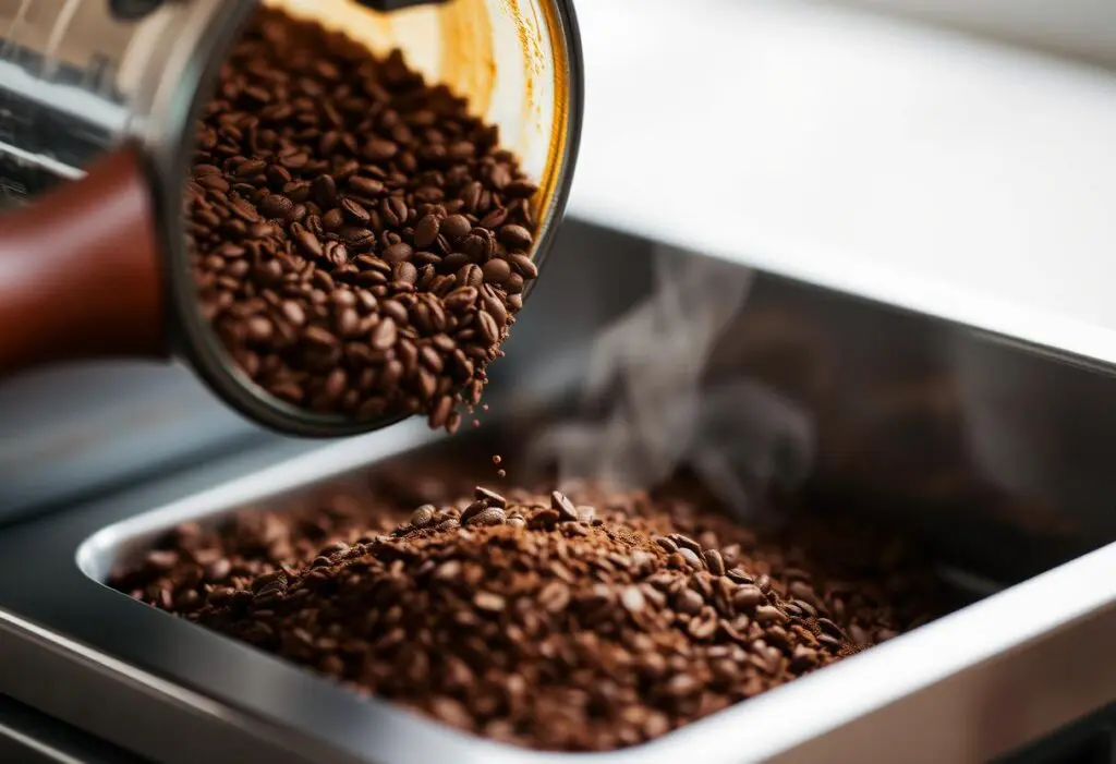 In the heart of Oman, coffee beans cascade from a container into a stainless steel tray, joined by the earthy aroma of steaming coffee grounds.