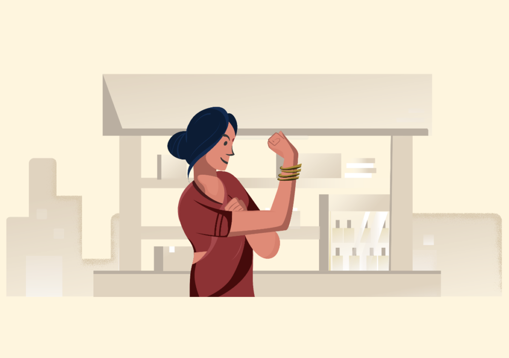 Illustration of a woman in a saree flexing her arm confidently in front of a pharmacy counter.