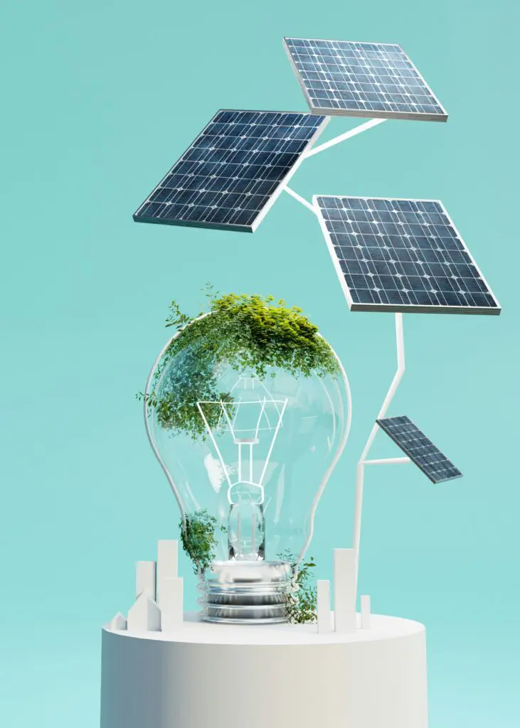 A glass lightbulb with green foliage inside is displayed next to solar panels on white stands, symbolizing renewable energy, on a cylindrical pedestal against a light blue background.